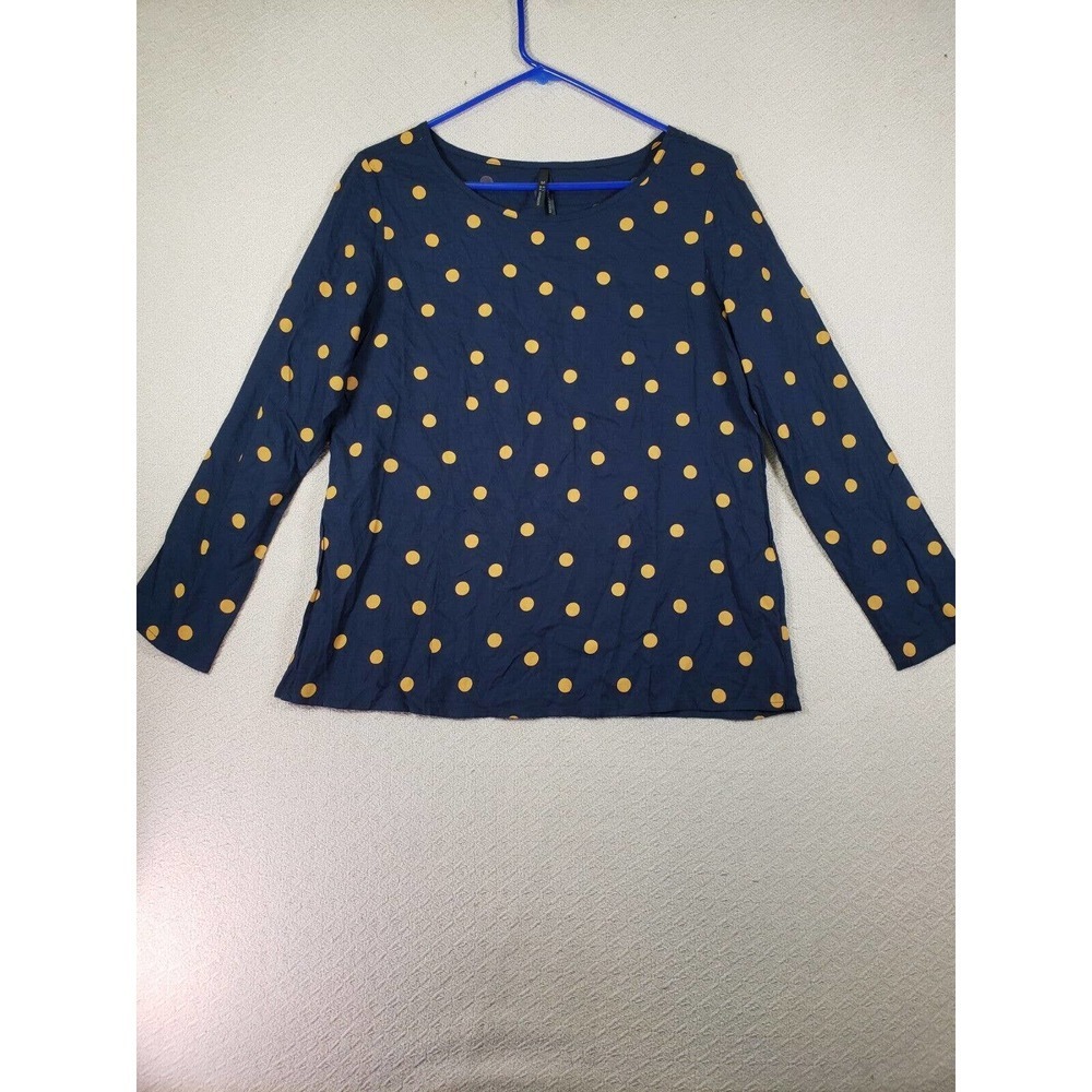 Here & Now Top Women Medium M Navy Blue Polka Dot Long Sleeve Viscose Blouse